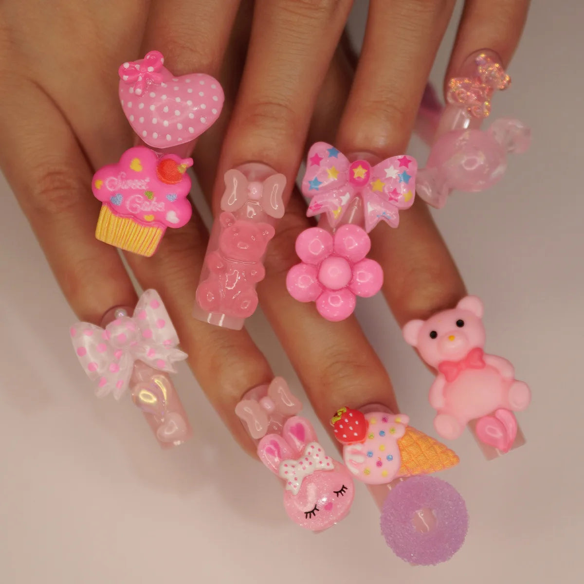 24PCS Pink Press-On Nails Adorable 3D Bear Rabbit Design Long Coffin Acrylic Fake Nails Sweet Candy Resuable Nail Tips for Women