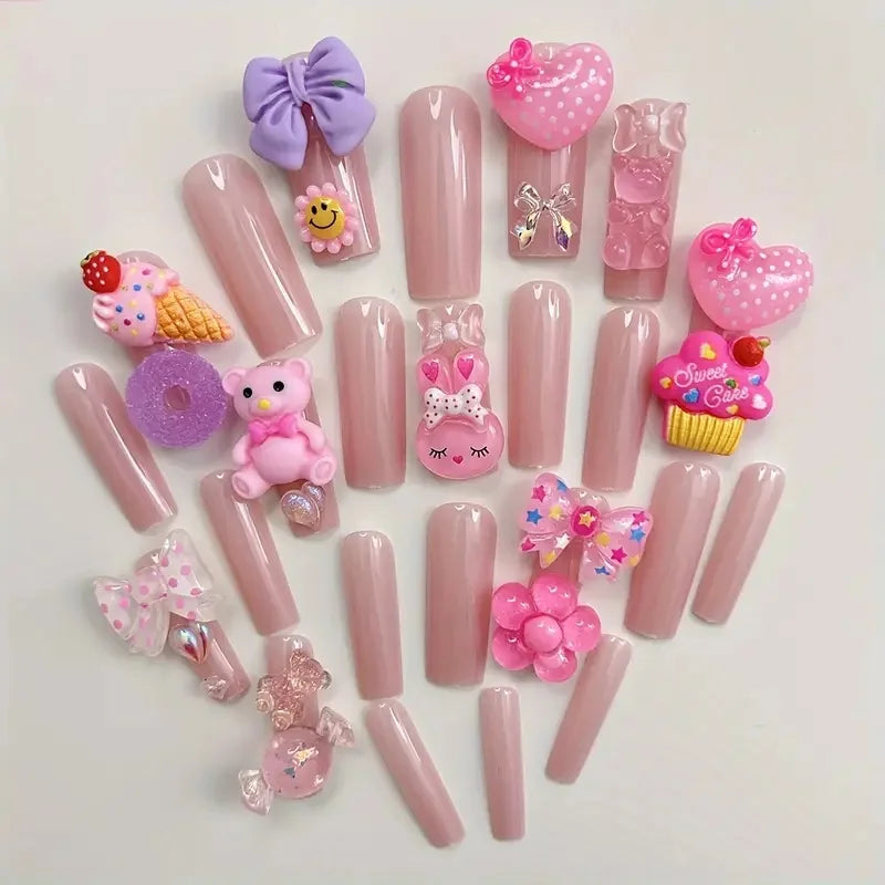 24PCS Pink Press-On Nails Adorable 3D Bear Rabbit Design Long Coffin Acrylic Fake Nails Sweet Candy Resuable Nail Tips for Women