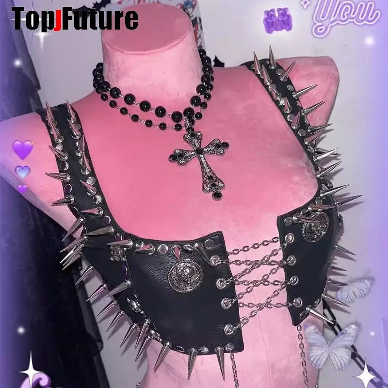 Women Gothic Lolita Punk Harajuku Streetwear Y2K Girl Steampunk Belt Spike Trim Crop Tops Rivet Skeleton Metal Chain Tank Top