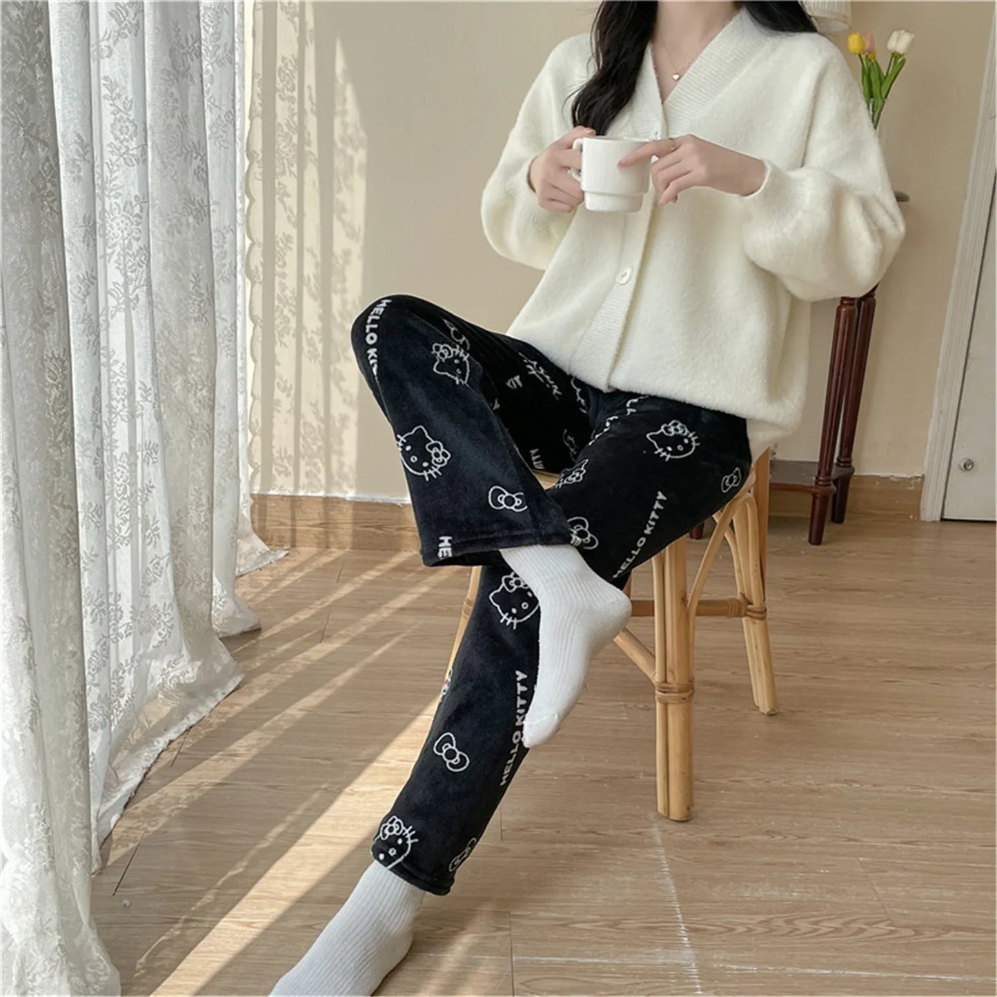 Sanrio Hello Kitty polyester fiber sleepwear Halloween women warm cartoon casual home pants autumn and winter fashionable pants