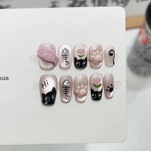 10Pcs Handmade Press on Nails Pink Cat Fish Fake Nails Wearable Stick-on Nails Full Cover Kawaii False Nail Uñas Postizas 네일팁