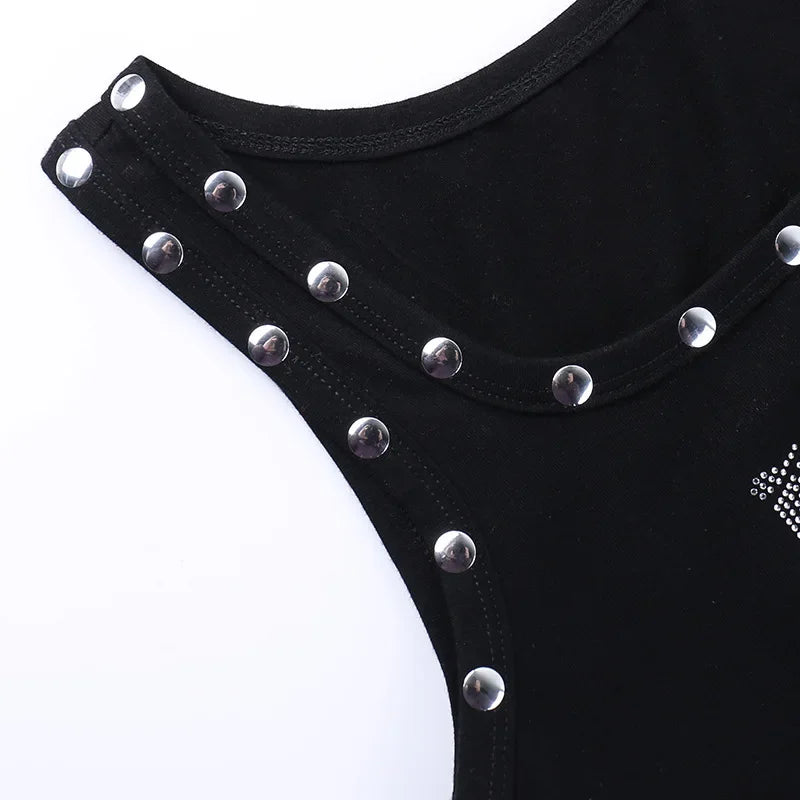 Fashion Punk Lady Shiny Rhinestone Bustiers Crop Tops Hiphop Rivet Hole Slim Tank Vest Glitter Letter Hot Diamond Tanks Harajuku