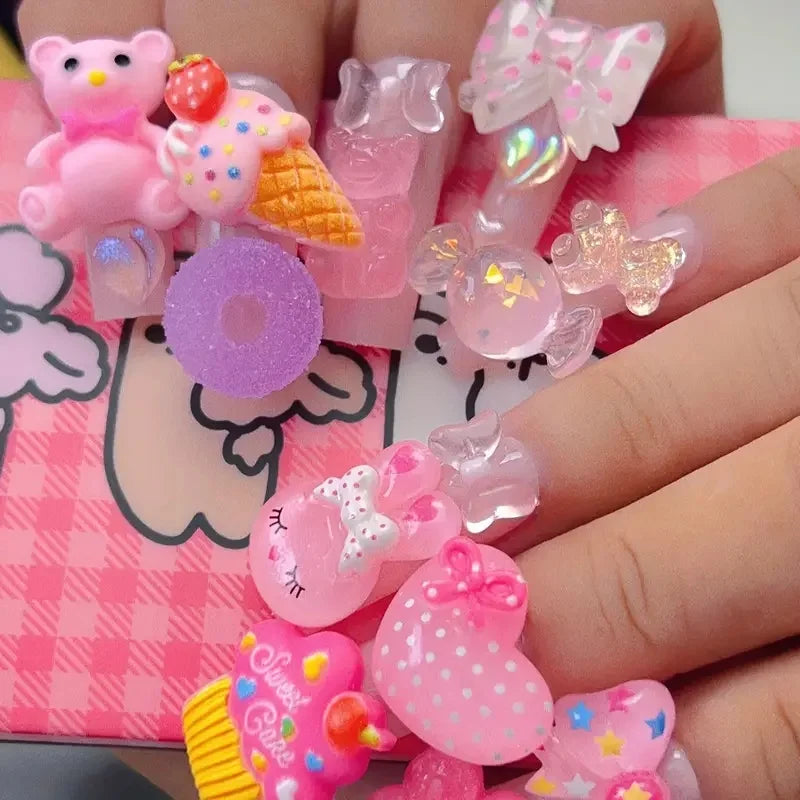 24PCS Pink Press-On Nails Adorable 3D Bear Rabbit Design Long Coffin Acrylic Fake Nails Sweet Candy Resuable Nail Tips for Women