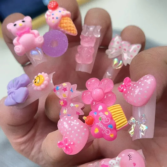 24PCS Pink Press-On Nails Adorable 3D Bear Rabbit Design Long Coffin Acrylic Fake Nails Sweet Candy Resuable Nail Tips for Women