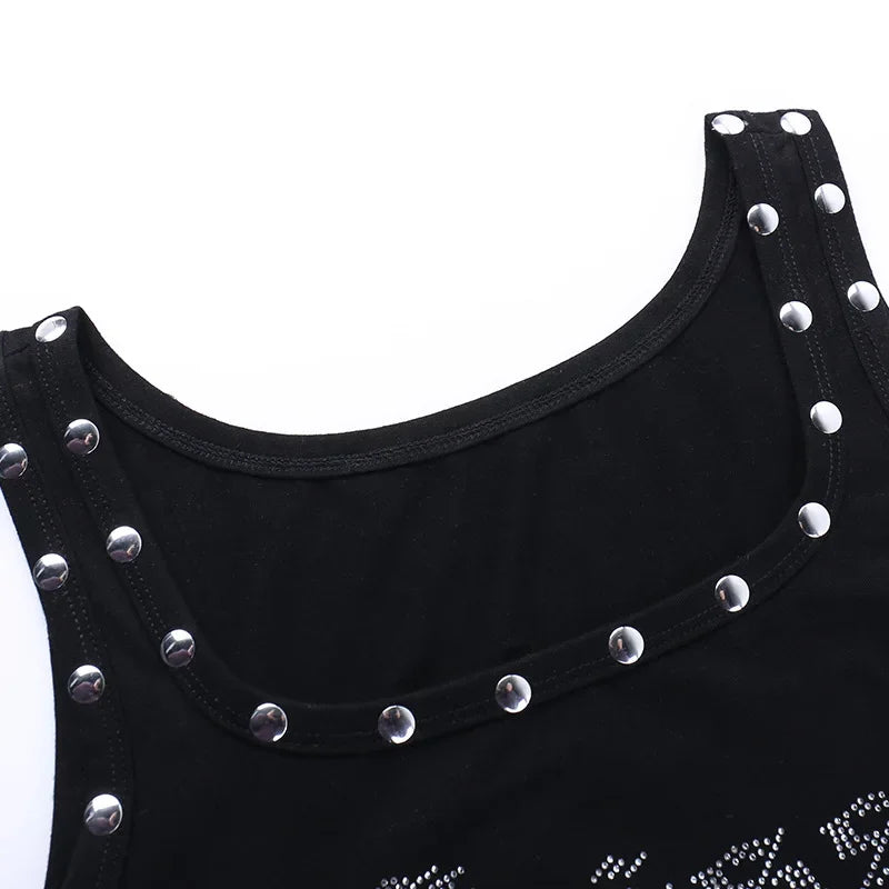 Fashion Punk Lady Shiny Rhinestone Bustiers Crop Tops Hiphop Rivet Hole Slim Tank Vest Glitter Letter Hot Diamond Tanks Harajuku