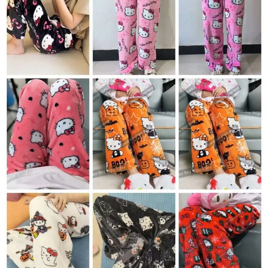 Sanrio Hello Kitty polyester fiber sleepwear Halloween women warm cartoon casual home pants autumn and winter fashionable pants