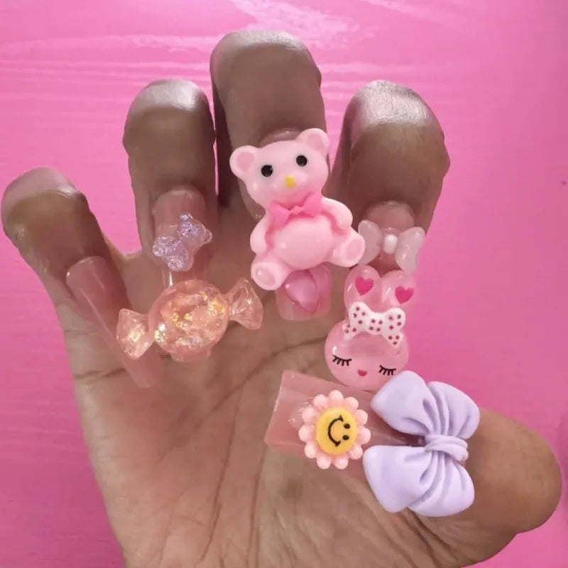 24PCS Pink Press-On Nails Adorable 3D Bear Rabbit Design Long Coffin Acrylic Fake Nails Sweet Candy Resuable Nail Tips for Women