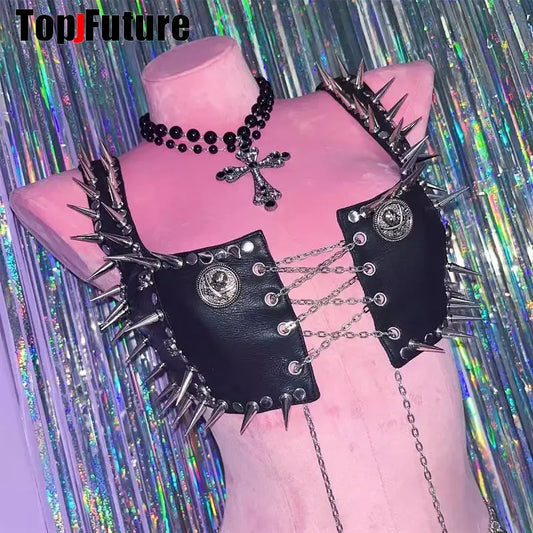 Women Gothic Lolita Punk Harajuku Streetwear Y2K Girl Steampunk Belt Spike Trim Crop Tops Rivet Skeleton Metal Chain Tank Top