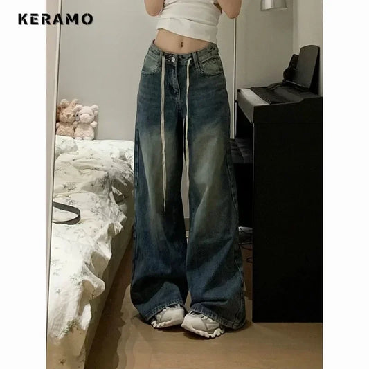 Harajuku Vintage Drawstring High Waist Loose Jeans 2024 Autumn Pants Winter Women's Y2K Wide Leg Baggy Streetwear Denim Trouser